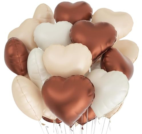 KeYou Lot de 24 ballons en aluminium en forme de cœur, ballons en forme de cœur à l'hélium, blanc, marron, abricot, idéal pour les anniversaires, les fêtes et les mariages