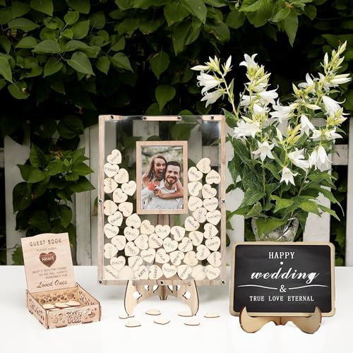 WOOLUCK® Gästebuch Hochzeit Holz,gästebuch Hochzeit personalisiert mit mini Kreidetafel, Hochzeit gästebuch Alternative mit 80 Holzherz Aufbewahrungsbox