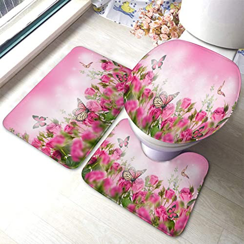 rutschfeste 3 Badteppich Set Rosa Rosen Mit Schmetterlings Gartenblumen Badgarnitur Badematten Wasserabsorbierend Badematte 3-TLG, Für Wohnzimmer, Wc-Sitz Bezug