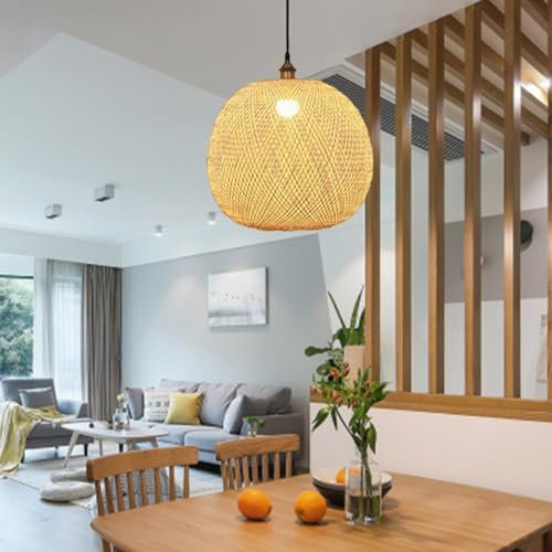 FWX Hängelampe Rattan Boho Pendelleuchten Esstisch mit geflochtenem Lampenschirm hängende Deckenlampe Vintage Kronleuchter Wohnzimmer Korblampe E27 für Schlafzimmer Esszimmer Flur Küche
