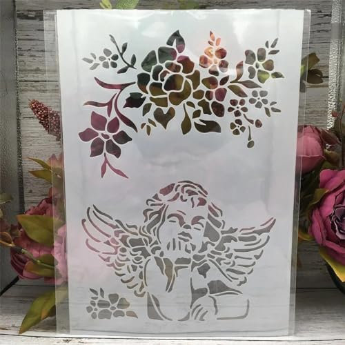 JIAPAILAIYUN Schablone zum Malen, A4, 29 x 21 cm, Mandala-Engel-Blume, wiederverwendbare Schablonen zum Malen auf Holz, Wand, Möbel, Stoff, Stein, Kreidetafel, Schild, Fliesen, DIY-Kunstprojekte