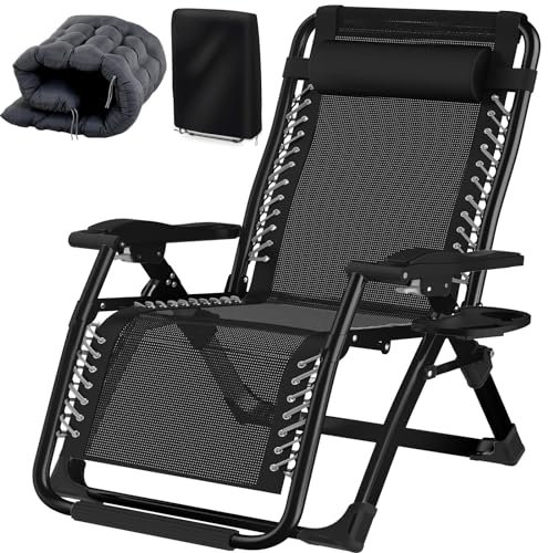 Fiutazge 83cm ExtraBreite Sonnenliege Verstellbare Rückenlehne,Liegestuhl Klappbar mit Kissen,Getränkehalter und Kopfpolster,Gartenliege,Liegestühle für Patio,Balkon,Strand,Camping-Schwarz