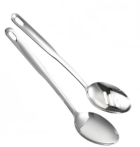 IMEEA Cooking Spoon Set Kitchen Serving Spoons 12.8in/32.5cm Long Handled Solid and Slotted Spoon Set SUS304 Stainless Steel Large Spoons, Set of 2