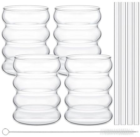 mixed24 Set di 4 bicchieri da 350 ml a forma d'onda con 4 cannucce di vetro, 1 spazzola per la pulizia, adatti come bicchiere d'acqua, bicchiere da cocktail, latte macchiato, cappuccino, long drink,