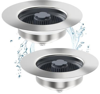 3 in 1 Kitchen Sink Drain Strainer & Stopper Combo, SUS304 Stainless Steel Pop-up Kitchen Drain Stopper with Strainer Basket, Fast Drainage Kitchen Sink Plug for Standard 3-1/2 Inch Drain, 2 Pack