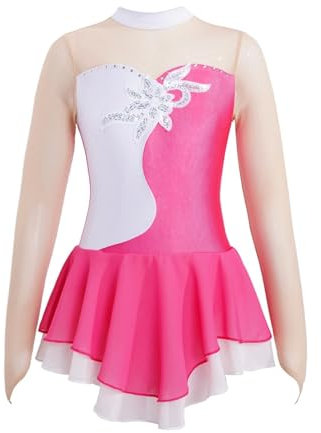 Eiskunstlauf Kleid Eiskunstlauf-Kleid mit Blumenmuster, for Kinder, Mädchen, Pailletten, langärmelig, Gymnastikanzug, Tanzkleidung for Tanzwettbewerb, Kostüm eiskunstlauf kleid damen(Pink,14)