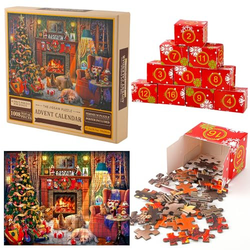 Christmas Countdown Puzzle, Christmas Puzzle Advent Calendar 2024 December Warm Festive Fireplace Jigsaw Puzzle Gifts for Countdown to Xmas for Adults and Kids