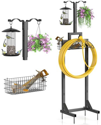 Supporto per tubo da giardino autoportante con cesto portaoggetti e 2 ganci per pastori, supporto resistente per tubo dell'acqua da giardino, contiene tubi da 45,7 m per cortile, fattoria, staccabile