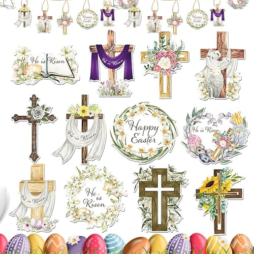 Religiösa påskprydnader för träd, kristna påskdekorationer | 24 x vintage påskträddekorationer, He Rises träornament, vårsemester, kristen korsfästelse