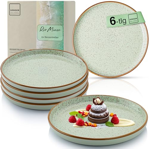SÄNGER Rio Minze Dessertteller 6 teilig, Steingut Frühstücksteller | 6 Personen, Kuchenteller spülmaschinenfest mikrowellenfest multifunktional, Steingut Geschirr mintgrün