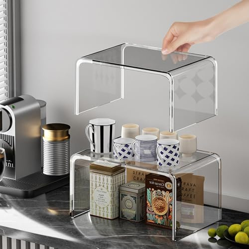 Oursouion Kitchen Storage Shelves, Clear Cupboard Organiser Set of 2,Acrylic Kitchen Shelves Organiser Stackable Spice Racks Kitchen Storage & Organisation
