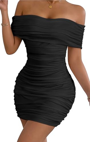 Ausing Mini Robe Épaules Dénudées Femme Sexy Club Robe Moulante Courte Froncée Ruchée Crayon Jupe de Clubbing Dos Nu Eté Clubwear Élégante Cocktail Soirée Fête Slim sans Manches Bodycon Chic Noir M