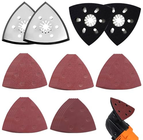 SneiDr 4 Piastra di Levigatura Triangolare 90mm con 25 Carte Abrasive 6 Fori Auto-Aderenti 40-400 Grana Kit Piastra Abrasiva Delta Inox Durevole Platorello Multifunzione Oscillante per Legno Metallo