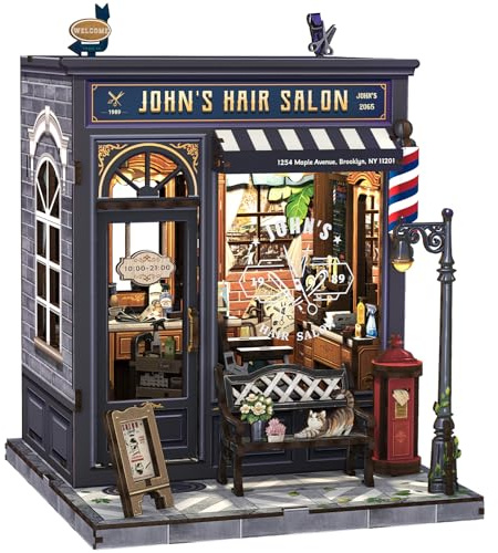 CUTEBEE Book Nook Kit - Maison de poupée Miniature avec éclairage LED，Puzzle 3D en Bois，Serre Livres，Décoration rétro et nostalgique，Cadeaux raffinés(John's Hair Salon)