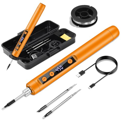 KKMOL Akku Lötkolben Set, USB Wiederaufladbar Lötkolben mit LCD, Temperatur Einstellbare 180 ℃-450 ℃, 3 Lötspitzen, Lötdraht, Professionelles Sicheres Komplettes Set–Gelb