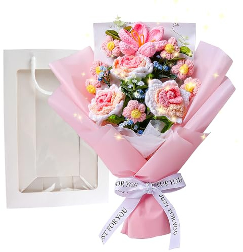 Dhqkqg Crochet Flowers Bouquet,Handmade Artificial Knitted Rose & Tulip,Knitted Flower with Greeting Card & Gift Bag,for Home Decor,Weddings,Birthdays,Mother's Day Graduation,Christmas