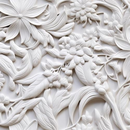FunStick Papier Peint Adhesif Mural Motif Floral Feuilles Papier Peint Effet 3D Blanc Gris Vintage Rouleau Adhésif Mural Decoratif Chambre Salle de Bain Rouleau Adhesif pour Meuble Fleuri 44.5CMx3M