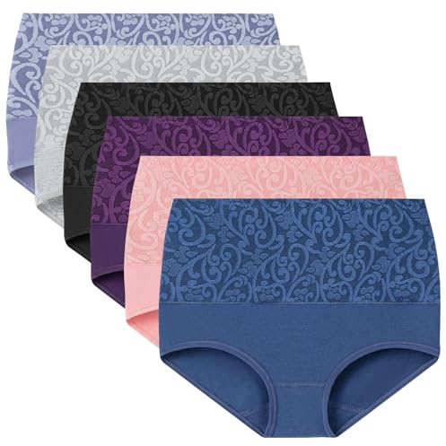 HAGOT 6 Pack Women's High Waist Cotton Panties Tummy Control Ladies Knickers, Full Coverage Jacquard Soft Briefs