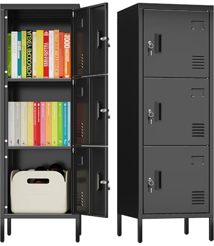 LOCENHU Metallschrank mit Lüftungsöffnungen, 3-türiger Metallschrank mit Visitenkartenhalter, Geeignet für Schule, Büro und Zuhause, zur Selbstmontage, 120 cm x 40 cm x 40 cm, Schwarz
