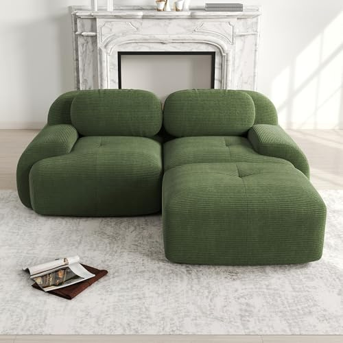 A ALFRESCOOL Modulares 2 Sitzer Sofa aus Cordstoff, Ecksofa, Boneless Couch mit 1 Ottomane, Compressed Sofa, Ohne Montage & Rutschfester Unterseite, frei Kombinierbar, 208×178×75cm (Grün)
