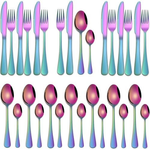 Colorful Rainbow 32-Piece Stainless Steel Cutlery Sets Service for 8,Includes Knife Spoon and Fork Utensils Set,Silverware Sets for Kitchen,Tableware Set