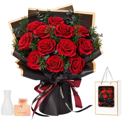 Flowers for Delivery Prime 12 Roses, Mothers Day Flowers for Mom, Mothers Day Gifts, Forever Roses Preserved Flowers Red Roses Bouquet Birthday Gifts for Women Gf Gifts Wedding Anniversary