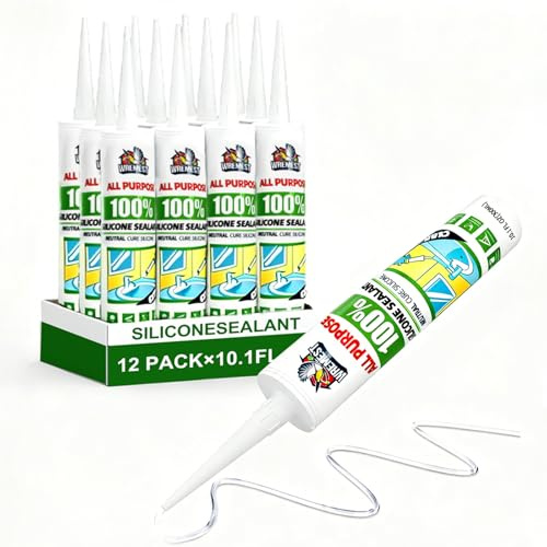 WREMEST Silicone Caulk,10 fl oz Cartridge,12 Pack,Clear,100% Silicone Sealant Waterproof,Shrink & Crack Proof,Adhesive Sealant for Kitchen and Bathroom, Shower,Toilet, Sink, Window and Door
