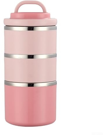 Lonchera apilable de acero inoxidable de 3 niveles con bolsa aislada y sellos de silicona diseñada para alimentos fríos y calientes (rosa)