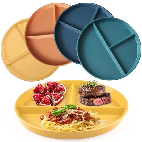 Funngy Geteilte Speiseteller,4 PCS Erwachseneteller Set aus Plastik Unzerbrechliche Geteilte Teller mit Unterteilung Spülmaschinenfest Portionskontrolle für Teenager und Erwachsene Snackteller