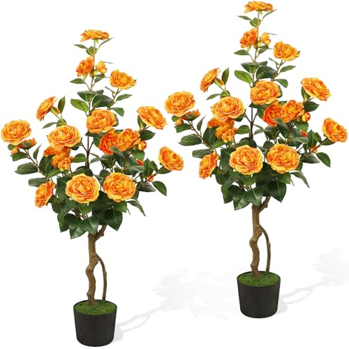 Artificial Camellia Tree 2 Pack, 42'' Faux Camellia Plant in Pot with 24 Blooming Flowers, Fake Greenery Potted Plant for Indoor Outdoor Home Floor Office Porch Decor (Orange)
