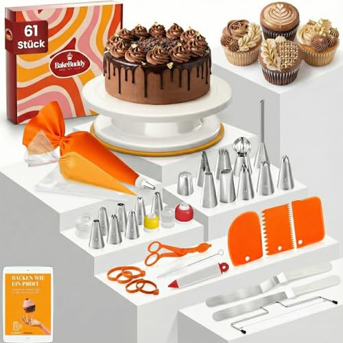 Katyjun 61 Stück Mit Torten Dekorationsset stabil drehendem Kuchen Drehteller ohne Wackeln - Dichtes Spritzbeutel Set - Hochzeits & Anfänger Backutensilien, Orange