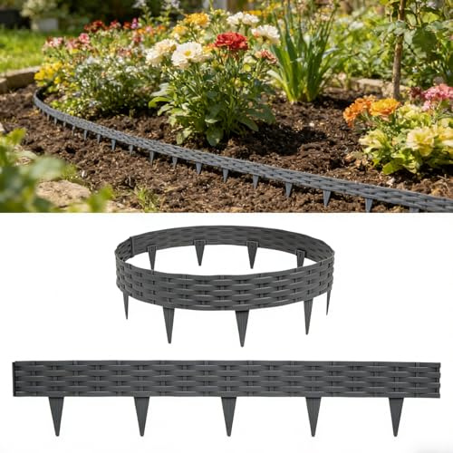 Ferzone 10M Rattanoptik Rasenkante, Beetumrandung Schimmelresistent, Beeteinfassung UV Schutz 100x20cm, Rattan Rasenkante Einfach Einschlagen, Beetumrandung Mähkante, Palisade Gartenzaun, Anthrazit