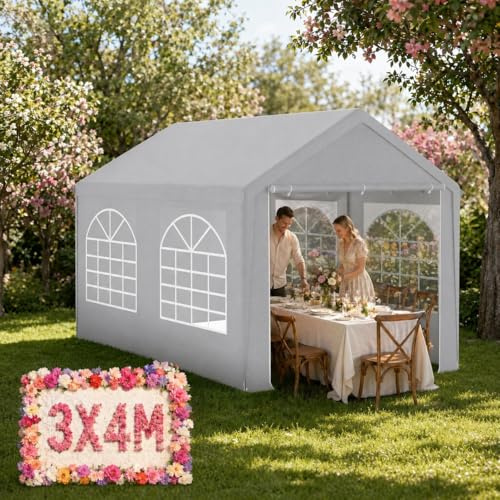 YRHome Premium 3x4M Partyzelt Pavillon,Wasserdicht & Winterfest,Einfach Aufzubauen,Stabil mit Seitenteilen & Fenstern,PE-Dach Garten Hochzeit Grau