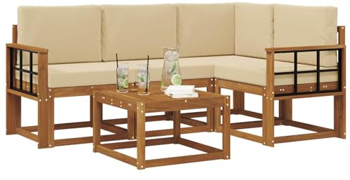 vidaXL Outdoor-Sofagarnitur mit Kissen 5 pcs Natur und Beige, Garten-Sofa-Set, Moderne Outdoormöbel, langlebige Lounge für die Terrasse, Bequeme Sitzgruppe