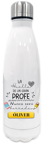 Botella Térmica Personalizada con Nombre, Diseño La Huella de Un Profe, Color Blanco, Tapa de Acero Inoxidable, regalo Profesores