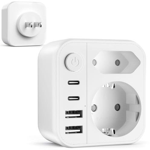 Adaptador Enchufe Japon, 6 en 1 Adaptador de Viaje para Japón con 2 USB-A, 2 USB-C, 2 enchufes Europeos,2500W Adaptador de Viaje Schuko a Tipo A para EE. UU., México y Canadá