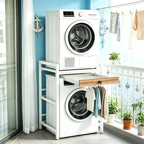 YUODIJIO Mueble Lavadora, 3 Alturas Ajustables, Soporte para Lavadora y Secadora, Capacidad de Carga de 350 kg, para BañO, BalcóN, Lavandería (Blanco con Cajon)