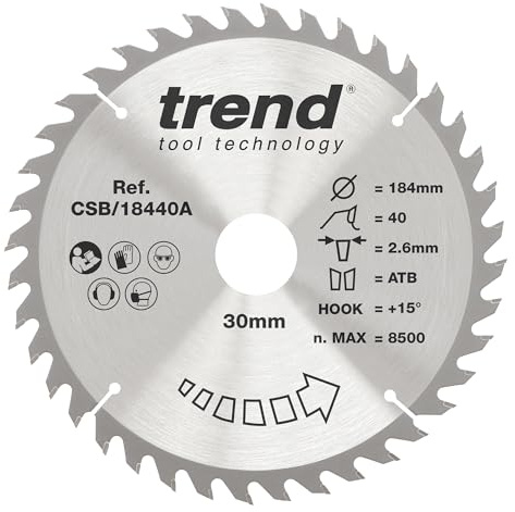 Trend Wood Circular Saw Blade, 184mm Diameter, 30mm Bore, 40 Teeth, 2.6mm Kerf, +15° Hook, TCT, Fine Finish, CSB/18440A | Precision Blade For Fine Finish Cuts In Wood, With 184mm Diameter, 30mm Bore, 40 Teeth And TCT, CSB/18440A