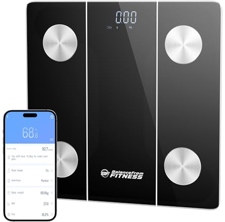 BalanceFrom Bathroom Scale For Body Weight Highly Accurate Digital Weighing Machine 400 Lbs Batteries LED Display Scale With Soft Tape Measure, Black Tempered Glass