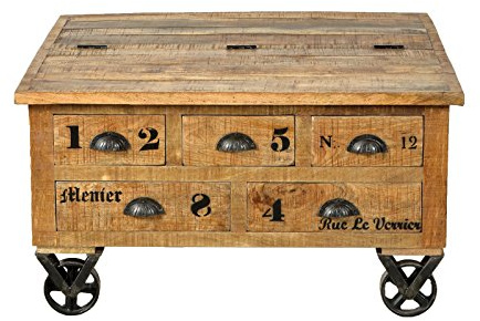 SIT-Möbel Rustic 1994-04 Couchtischtruhe mit 1 Klappe, 5 Schubladen, aus Mangoholz, Antik, braun, Wortprints, 90 x 90 x 47 cm