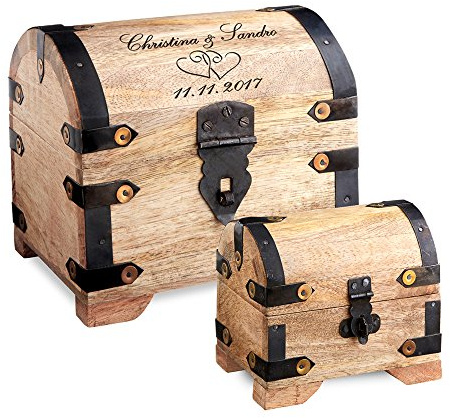 Casa Vivente Geschenkset zur Hochzeit, kleine und große Schatztruhe, Motiv Herzen, Personalisiert mit Namen und Datum, Verpackung für Geldgeschenke