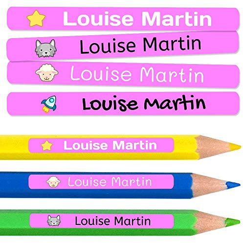 50 personalisierte Klebeetiketten für Bleistifte und Kugelschreiber. Schulaufkleber mit Namen zum Markieren von Gegenständen. Wasserfeste Aufkleber für Schule und Kindergarten Maße 4,6 x 0,6 cm