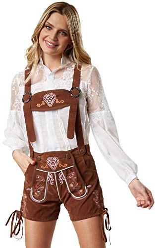 dressforfun Pantalon Femme Oktoberfest en cuir synthétique Ammersee, Bretelles amovibles et Broderies fines, Lederhose Tenue Oktoberfest, Deguisement Femme, Tenue alsacienne, Mariage, Carnaval, Soirée