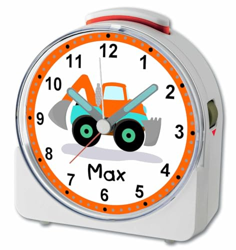 CreaDesign, WU-71-1084, Bagger, analog Kinderwecker weiß, Funkwecker mit Sweep-Uhrwerk und fluoreszierenden Zeiger und Licht, personlisiert mit Namen, 10,2 x 4,6 x 11 cm