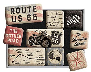 Nostalgic-Art Retro Kühlschrank-Magnete, 9 Stück, Route 66 – Bike Map | Magnetset für Magnettafel, Vintage Design, Geschenk-Idee für USA-Fans