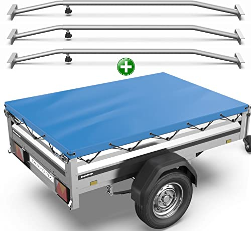 Tarpofix® Anhänger Plane 212x123 cm + 3X Planenbügel | Anhängerplane Flachplane aus PVC PLANENMATERIAL | Verstärkte Brenderup Anhänger Plane für 750kg PKW Hänger | Abdeckplane + Flachplanenbügel