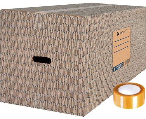 packer PRO Pack 10 Cajas Carton Mudanza y Almacenaje Ultra Resistentes con Asas y Cinta Adhesiva 600x400x400mm