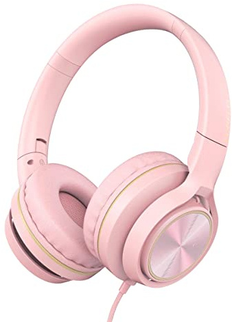 LORELEI S9 Wired Headphones with Microphone for School，On-Ear Kids Headphones for Girls Boys，Folding Lightweight and 3.5mm Audio Jack Headset for Phone, Ipad，Tablet, PC, Chromebook (Pearl Pink)