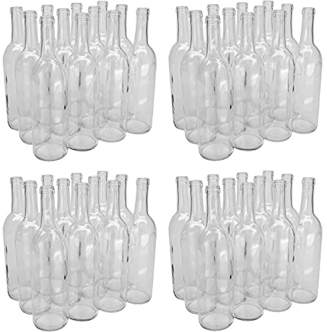 North Mountain Supply 750ml Glass Bordeaux Wine Bottle Flat-Bottomed Cork Finish - 48 Bottles (4 Cases of 12) - Clear/Flint