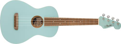 Fender Avalon Tenor-Ukulele für Erwachsene und Kinder, Eschenholz-Konstruktion, Walnuss-Griffbrett, Klassischer Fender Stratocaster Kopf, in Daphne Blau